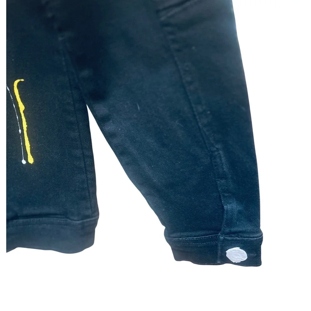 Blue Seven Mens Black Distressed Paint Drip Moto‎ Denim Trucker Jacket Small